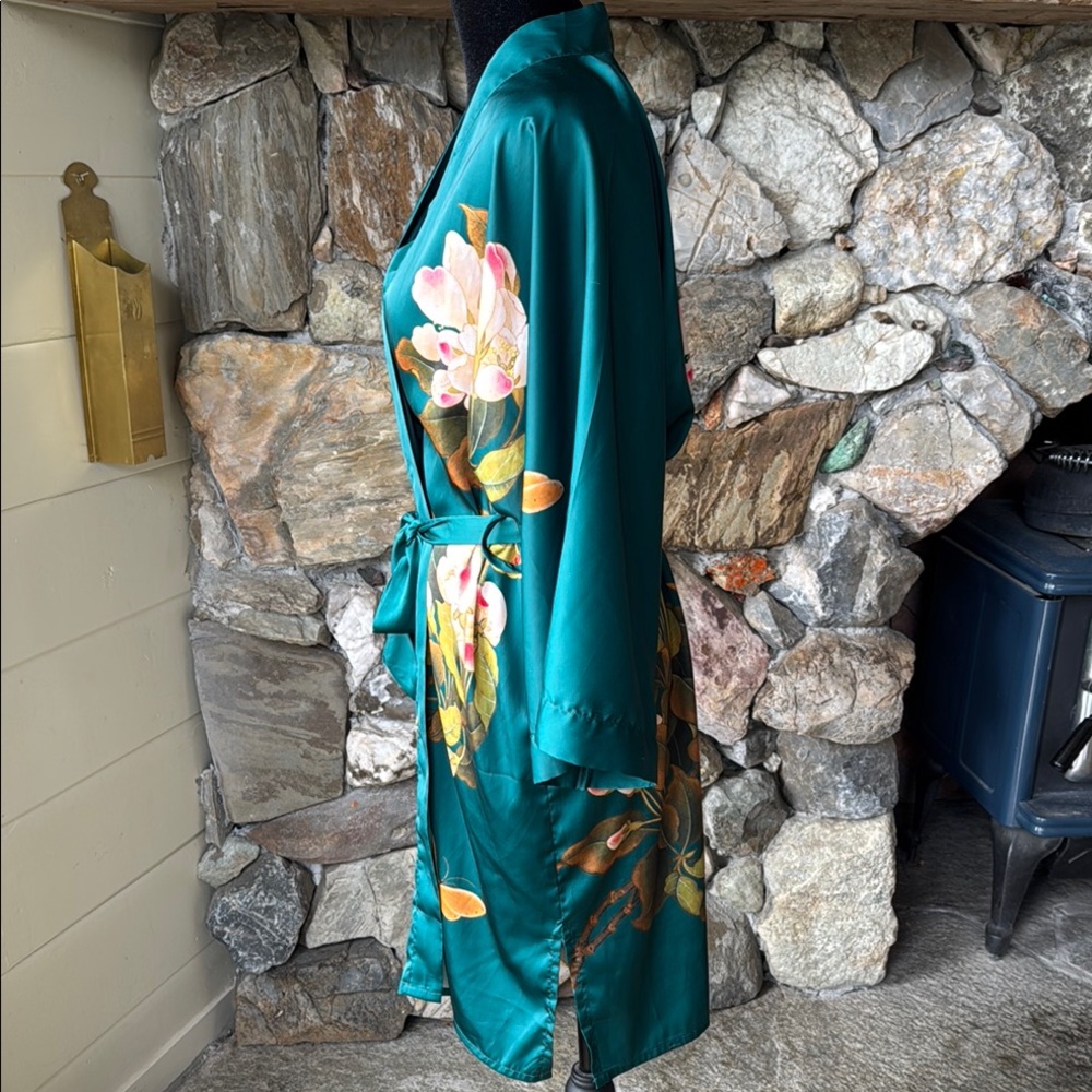Silk-Feel Teal Floral Kimono Robe - Picture 7 of 16